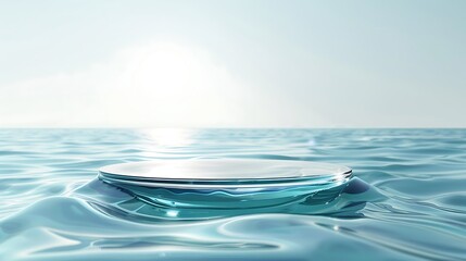 Empty clear glass circle podium on blue transparent calm water texture with waves in sunlight. Abstract nature background for product presentation. Flat lay cosmetic mockup, copy space. Generative Ai