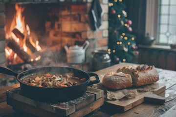 Keuken spatwand met foto Cozy winter scene, with a steaming pot of hearty stew simmering on the stove and crusty bread baking in the oven. © Straxer