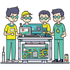 Diverse Team of Electronics Development Engineers Standing at the Desk with 3D Printer and PCB Motherboards. Generative AI
