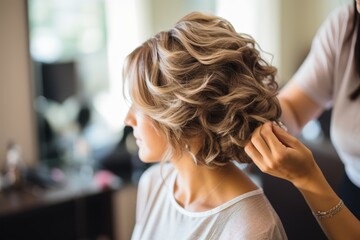 Hairdresser styling clients hair against vibrant light blue backdrop in studio - obrazy, fototapety, plakaty