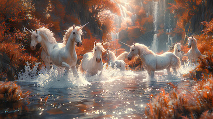 group of magical unicorn horses set in nature