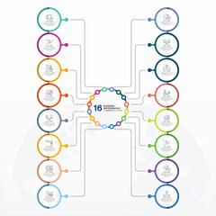 Modern infographic with 16 steps and business icons for presentation.