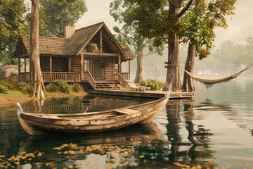 Tranquil scene of a lakeside cabin, with a rowboat moored at the dock, a hammock strung between two...