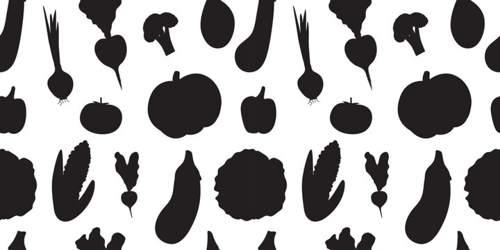 Vector seamless food shapes pattern. Vegetable silhouettes fresh organic ingredients on white background. Wallpaper, print, textile, fabric, wrapping, banner.