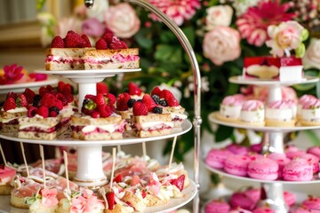 Elegant afternoon tea party, with tiered trays of finger sandwiches, scones with clotted cream and jam, and delicate petit fours