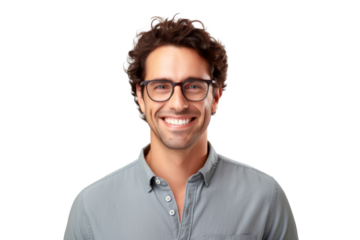 Studio portrait of handsome young Caucasian Americana man wear glasses and casual shirt with a beautiful smiling isolated on transparent png background.