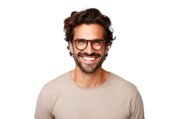 Studio portrait of handsome young Caucasian Americana man wear glasses and casual shirt with a beautiful smiling isolated on transparent png background.