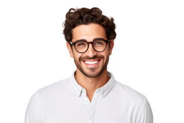 Studio portrait of handsome young Caucasian Americana man wear glasses and casual shirt with a beautiful smiling isolated on transparent png background.