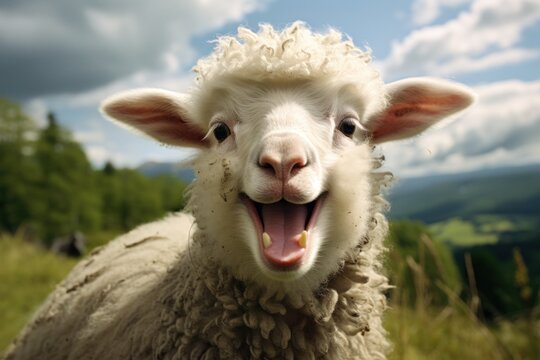 Close up of sheep with mouth open. Generative AI