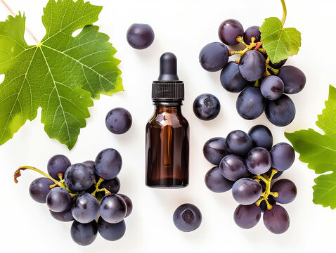 Grape seed essential oil on white background.