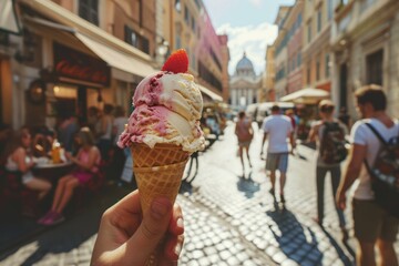 Eating ice cream in the streets of Rome, personal perspective view 
