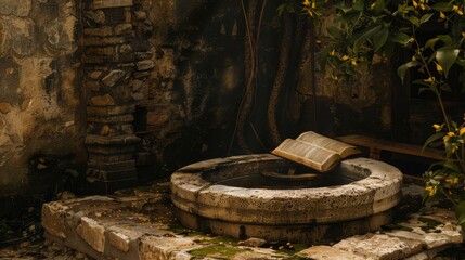 Ancient mysterious well of Jacob a retro Bible beside stories of faith and encounters