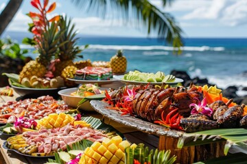 Festive luau on a tropical beach, with a pig roast, fresh seafood, and tropical fruits like pineapple and papaya served under swaying palm trees.  - obrazy, fototapety, plakaty