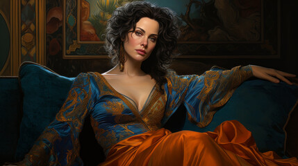 Fototapeta premium Beautiful, sensual and erotic woman posing on couch. Laid relaxing. Valentines Day digital backdrop, romantic. Chicago style stylish portrait of elegant woman , luxury gracefully