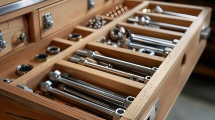 A well-organized toolbox with neatly arranged screws and bolts, ready for the next project. - obrazy, fototapety, plakaty