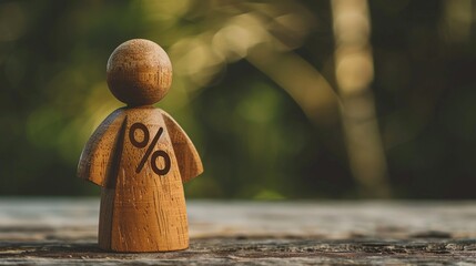 Wooden man with percent sign on wood background. Business and finance concept. AI. - obrazy, fototapety, plakaty
