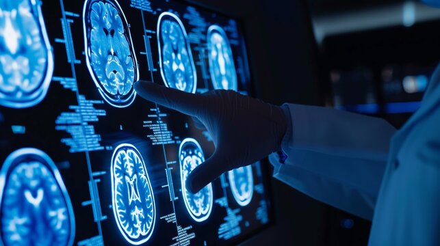 Doctor working with x-ray image of brain in the hospital. AI.
