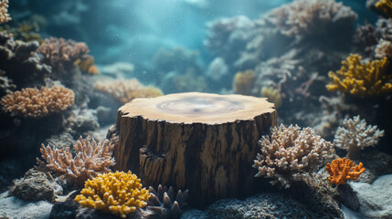 a tree stump podium underwater themed coral reef background