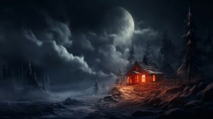 Snow covered mountain cabin with cozy atmosphere, chimney smoke, and warm glowing windows - obrazy, fototapety, plakaty