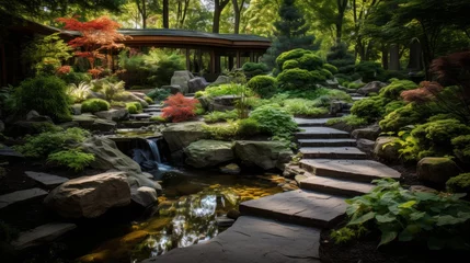 Schilderijen op glas Tranquil japanese garden with meticulously manicured bonsai trees and winding stone pathways © Philipp