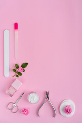 Manicure and pedicure toots on pink background for banner. spa salon for your nail. Beautu concept. flat lay © Iryna