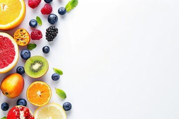 Fresh fruits and berries on white background. Fruit concept. Flat lay, copy space