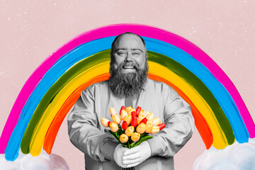 Composite image collage of positive fat man hold blossom tulips bouquet colorful rainbow spring...
