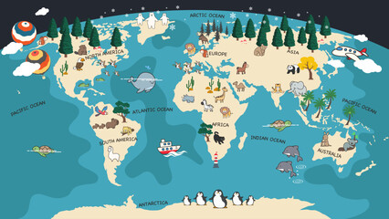 beautiful world map with cute cartoon animal, wildlife living on various continents and in oceans, discovery and continent name, ocean name, vector illustration © Nikhom