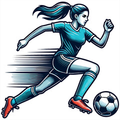 football or soccer player girl running fast and kicking a ball while training and playing a match. Generative AI
