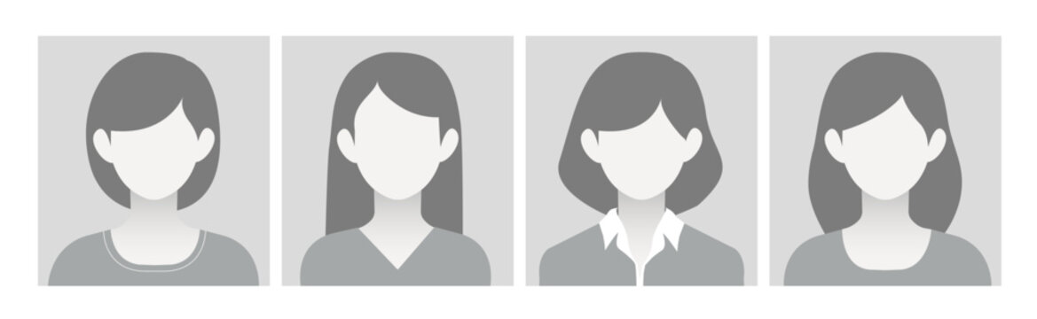 Default placeholder female portrait photo avatars. grayscale Avatar, user profile, person icon, gender neutral silhouette, profile picture for anonymous individuals for social media profiles