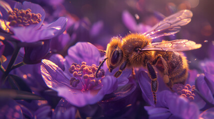A Bee Collects Pollen from a Purple Flower