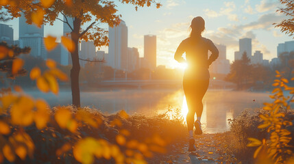 A solitary figure jogging towards the sunrise in a city park during the fall season, with golden leaves around. - obrazy, fototapety, plakaty