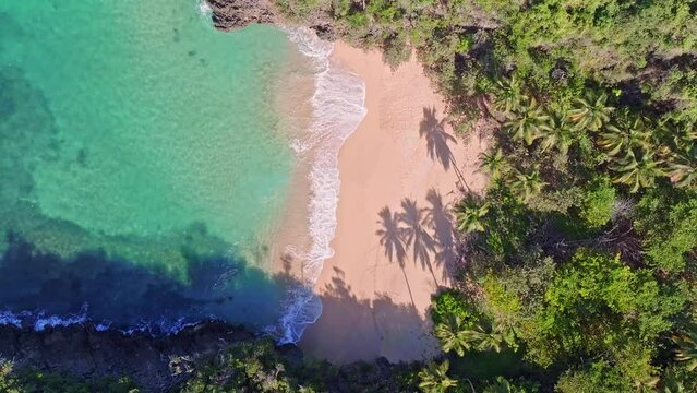 Playa Onda Samana - Remote Beach With White Sands And Crystal-clear Turquoise Waters In Dominican Republic. aerial topdown shot