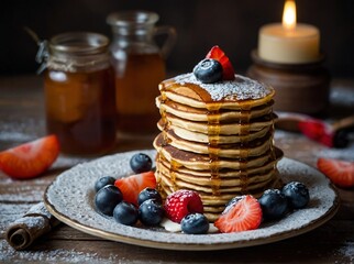 Pancakes on a plate with fresh berries and honey. Generative AI