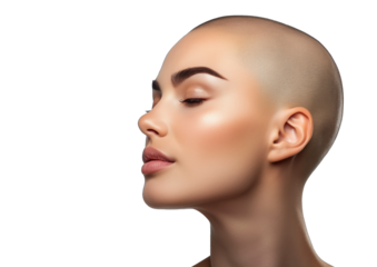 Modern beauty portrait. Young woman with shaved head on transparent