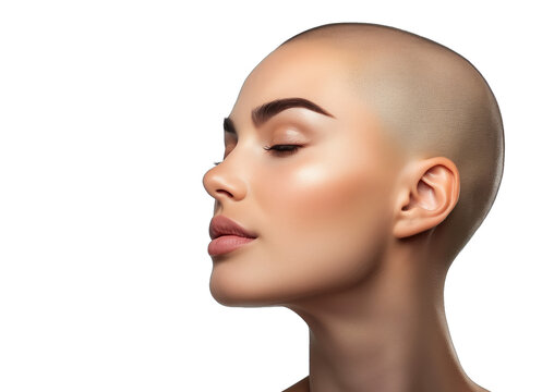Modern beauty portrait. Young woman with shaved head on transparent