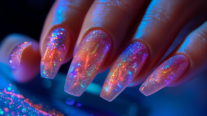 Luminous Glamour Neon Colors Nail. perfect for showcasing the latest trends in nail design. - obrazy, fototapety, plakaty