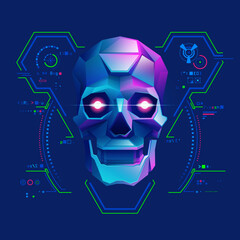 concept of cyber crime or virus computer, graphic of low poly skull with futuristic programming interface