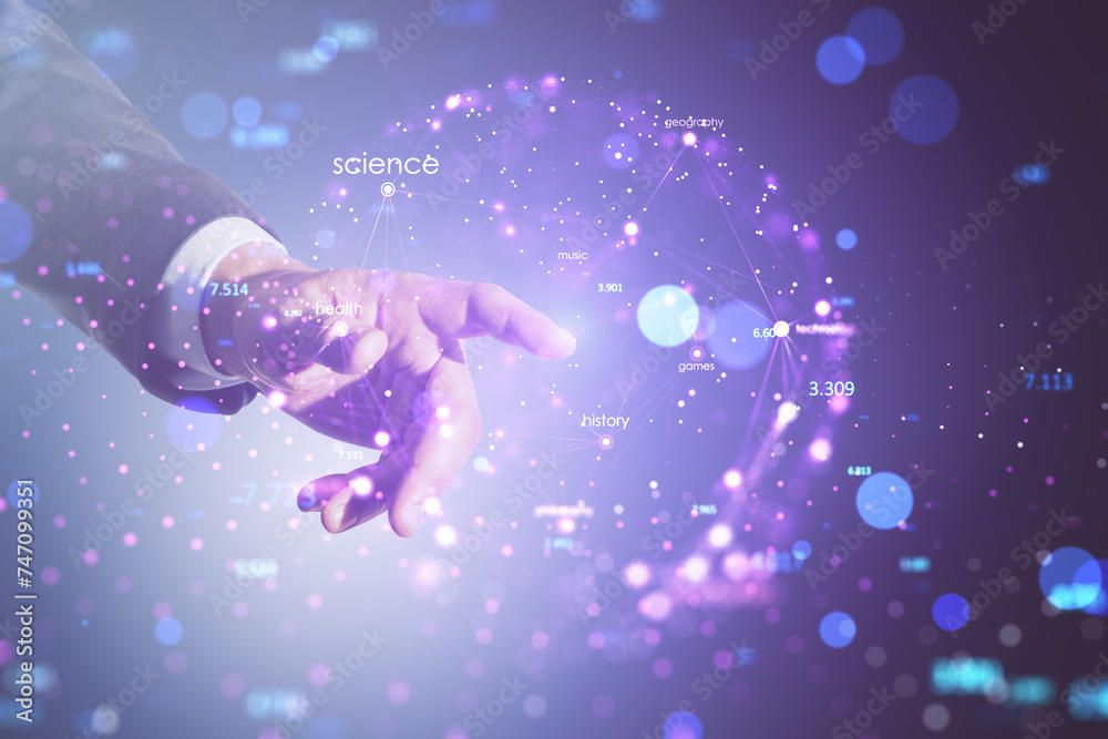 Poster Hand reaching for digital nodes with global connectivity on a dark blue background. Data network concept