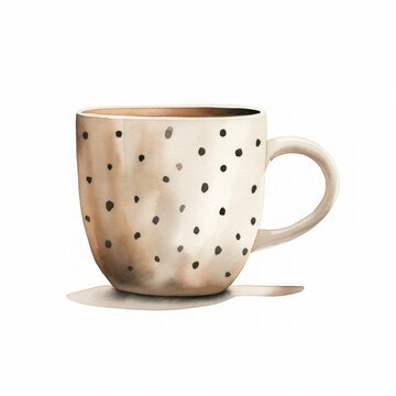 Enhance your design with this sophisticated watercolor coffee cup clipart, showcasing black and white polka dots on a white background, exuding an aura of elegant simplicity.