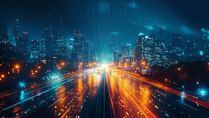 Fototapeta premium Abstract city road light background, Long exposure car light on highway road