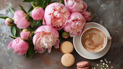 A Bouquet of Pink Peony Flowers with Cup of Coffee