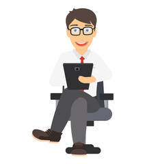Man using a tablet. Consultant sitting in an armchair, vector illustration