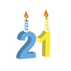 21st birthday. Anniversary celebration with a burning candle, vector illustration