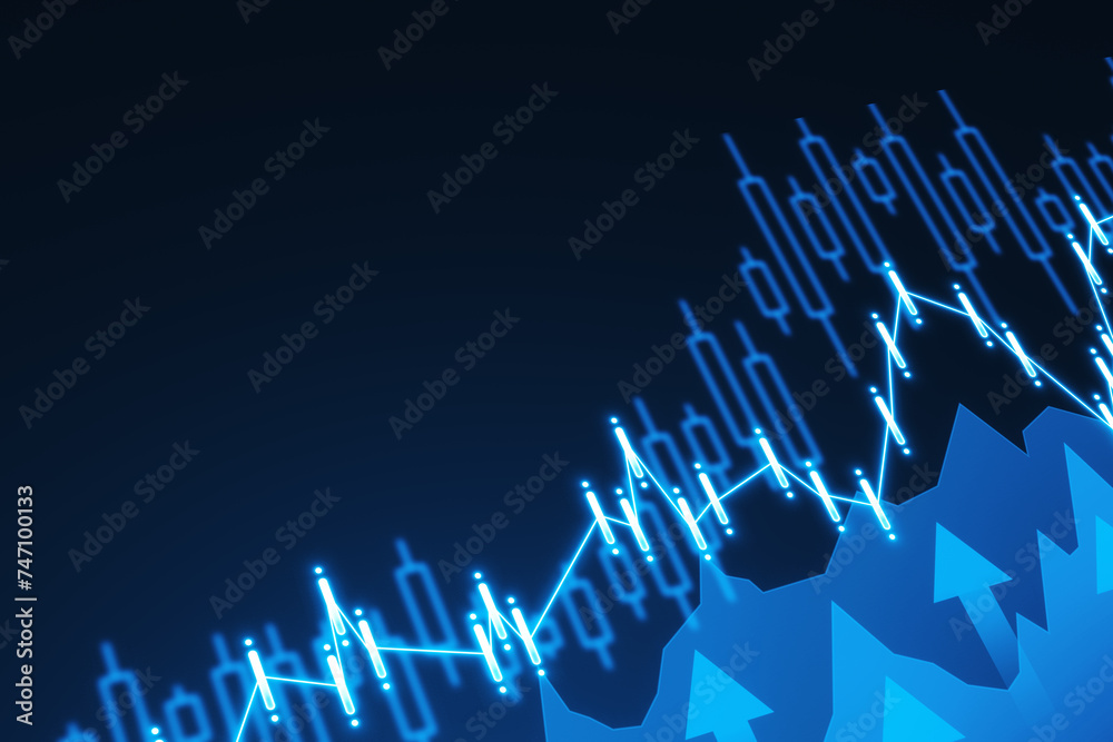 Poster creative growing business chart on blurry blue grid background with arrows and mock up place. financ