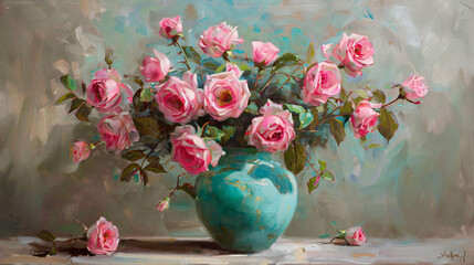 A Bouquet of Pink Roses in Turquoise