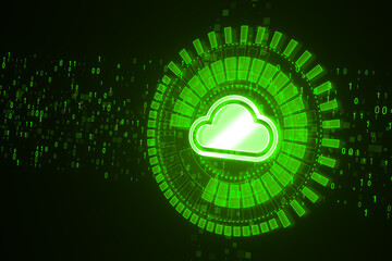 Creative glowing cloud computing hologram with binary coding on dark green background. Digital server, support and network concept. 3D Rendering.