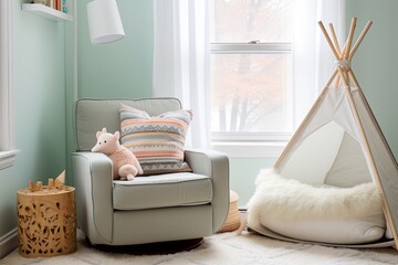 Boho-Chic Mint Chair Reading Corner: Nursery Room Ideas Concept