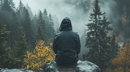 Person in a rain jacket sits contemplatively on a rock, overlooking a misty forest in the rain.