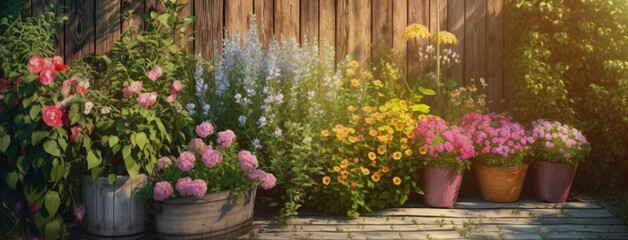 Muchas flores diferentes en macetas de madera al aire libre en el jard?n AI-generated - obrazy, fototapety, plakaty